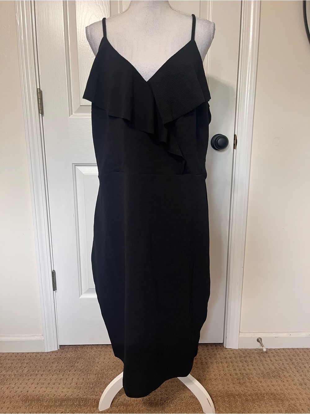 Suzanne Betro Black Ruffle Y2K Spaghetti Strap Chic Cocktail Midi Dress LBD 3X